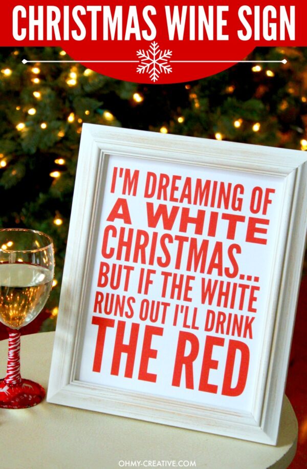 This I'm Dreaming of a White Christmas... But if the White Runs Out I'll Drink the Red Wine Printable Sign has read font displayed in a white frame.