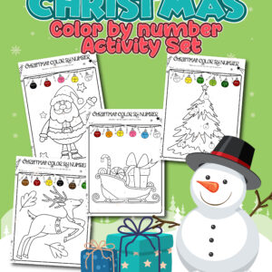 A collage of Christmas Coloring By Number Pages on a green background with a snowman graphic