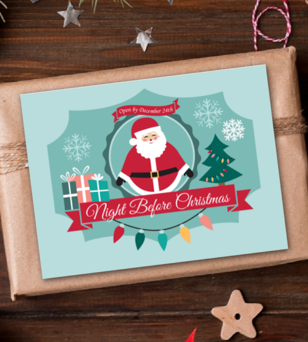 Christmas Eve Box Printable Label on the front of a gift box.