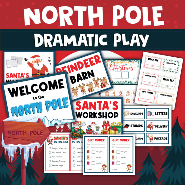 A collage of North Pole Santa's Workshop Dramatic Play Printables